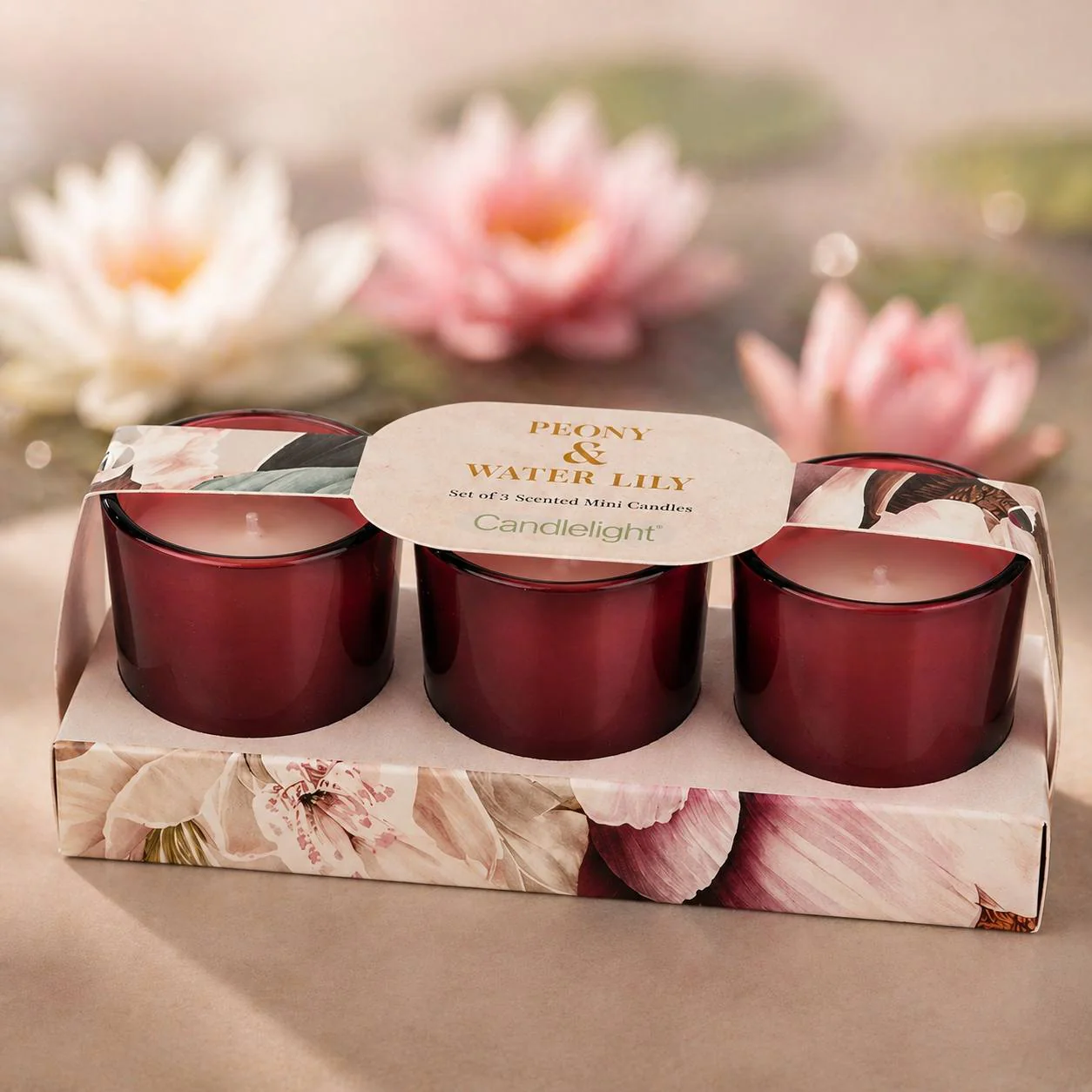 Set Of 3 Votive Candles - Peony & Water Lily