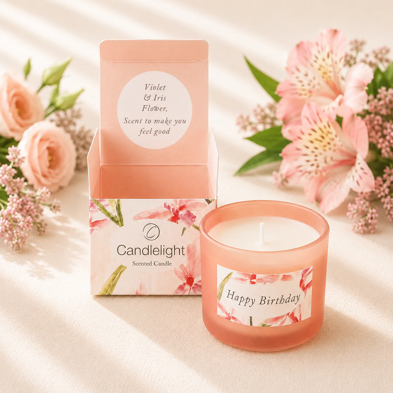 Single Candle Gift Set Birthday Wishes - Violet & Iris Flower